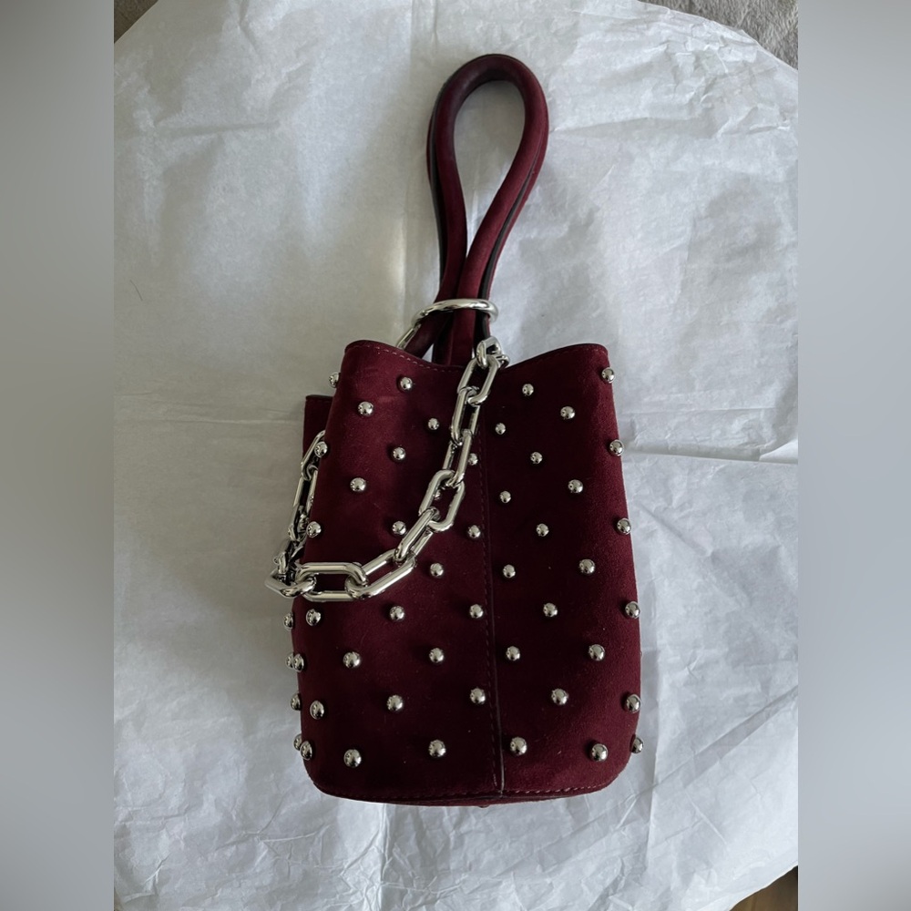Alexander Wang Suede Studded Mini Roxy Bucket Bag Burgundy Studded Chain